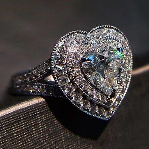 NEW 925 Silver Double Halo Diamond Heart Ring